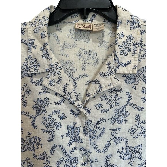 Women's Woolrich Ivory Blue Floral Button Up Shirt Size LG Linen Cotton - Picture 3 of 6